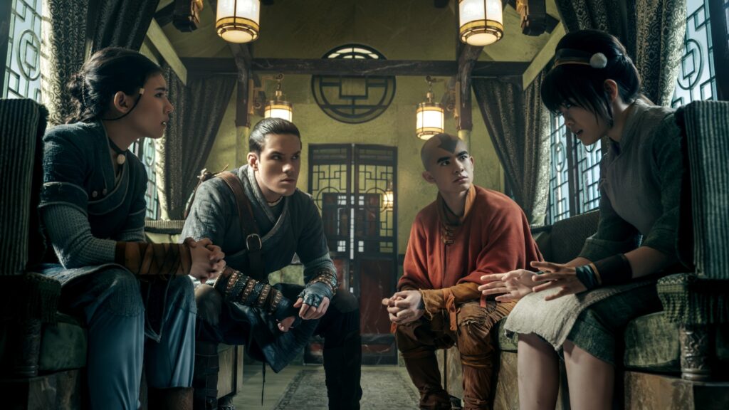 Avatar: The Last Airbender. (L to R) Kiawentiio Tarbell as Katara, Ian Ousley as Sokka, Gordan Cormier as Aang, Miya Cech as Toph in season 2 of Avatar: The Last Airbender. Cr. Katie Yu/Netflix © 2025