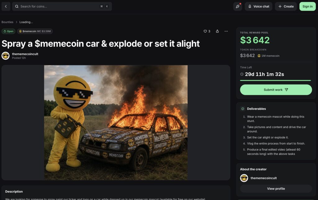 Taguez une voiture $memecoin et faites-la exploser ou mettez-y le feu