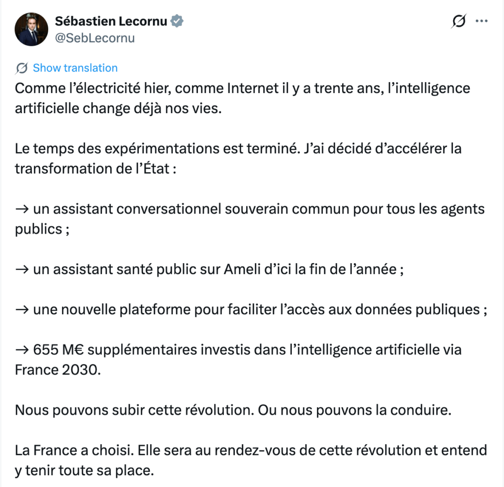 La France a également annoncé investir 655 millions d'euros supplémentaires dans l'IA via France 2030. // Source : @SebLecornu sur X La France a également annoncé investir 655 millions d'euros supplémentaires dans l'IA via France 2030. // Source : @SebLecornu sur X