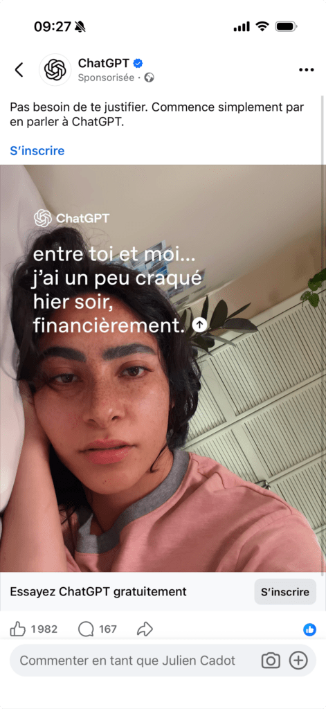Une publicité récente de ChatGPT, diffusée sur Facebook, joue sur les émotions négatives de ses utilisateurs