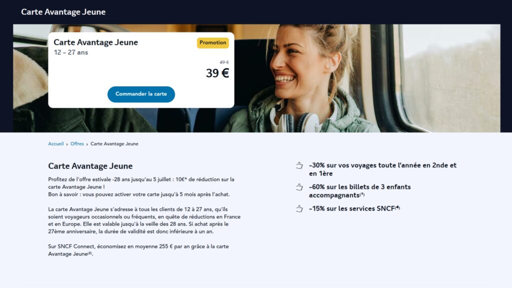La carte avantage jeune à 39 € pour les 12-27 ans