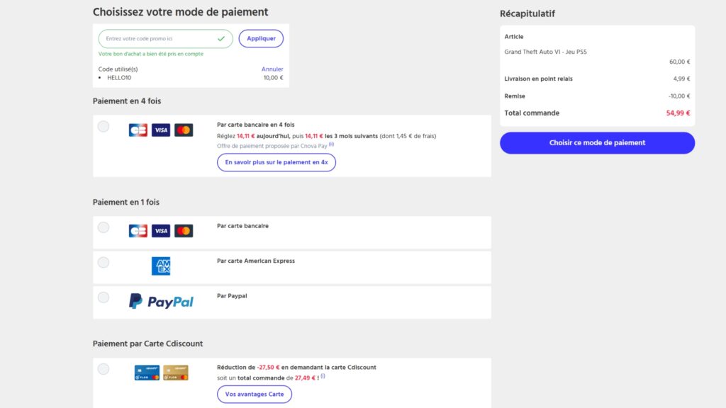 Avec le code HELLO10 le jeu tombe à 50 € sur Cdiscount