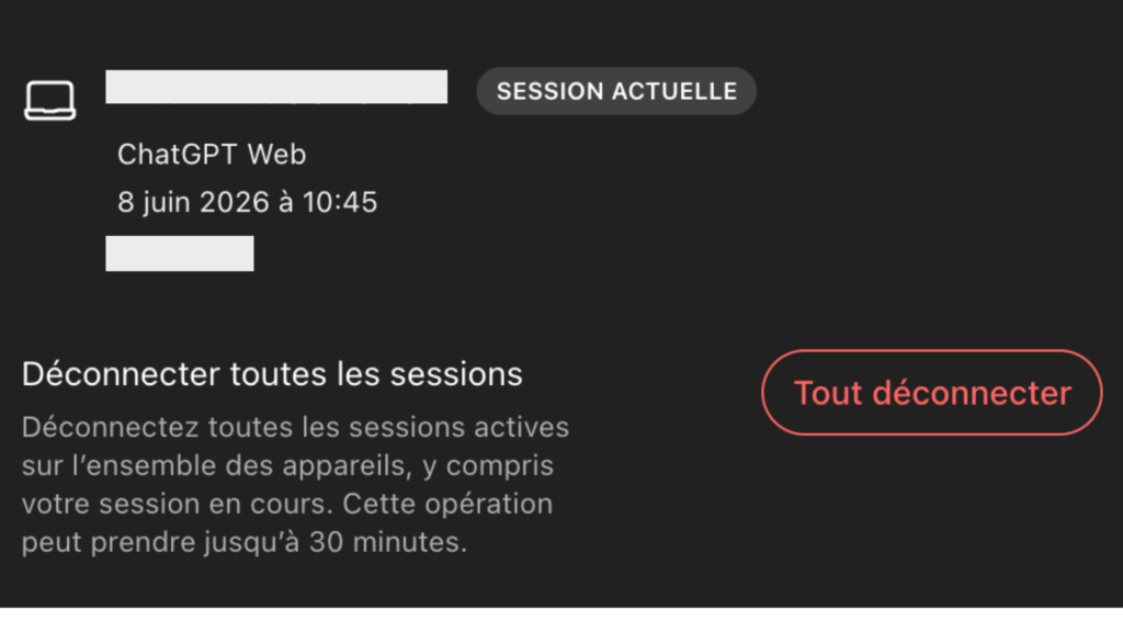 La fonctionnalité « session actives » vous permet, en deux clics, de consulter tous les appareils connectés à votre compte et les désactiver à distance // Source : capture d'écran Numerama La fonctionnalité « session actives » vous permet, en deux clics, de consulter tous les appareils connectés à votre compte et les désactiver à distance // Source : capture d'écran Numerama