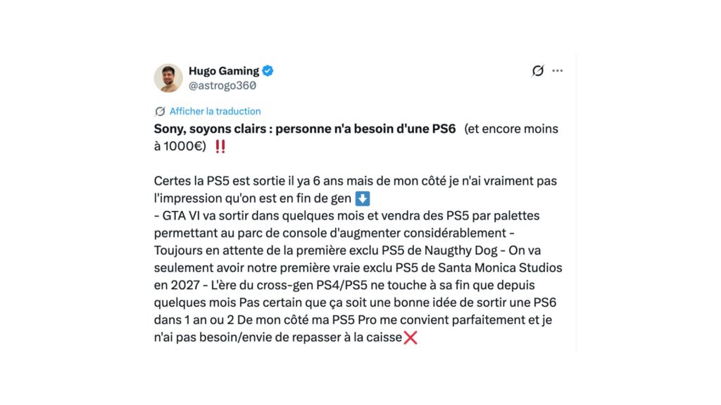 Sur les réseaux sociaux, la rumeur d'une PS6 à plus de 1000 euros ne passe pas.  // Source : Hugo Gaming sur X 