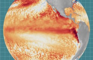 Les nuances de rouge et d'orange illustrent la surchauffe des eaux liée à El Niño. // Source : NOAA Satellites (image modifiée avec Canva) Les nuances de rouge et d'orange illustrent la surchauffe des eaux liée à El Niño. // Source : NOAA Satellites (image modifiée avec Canva)