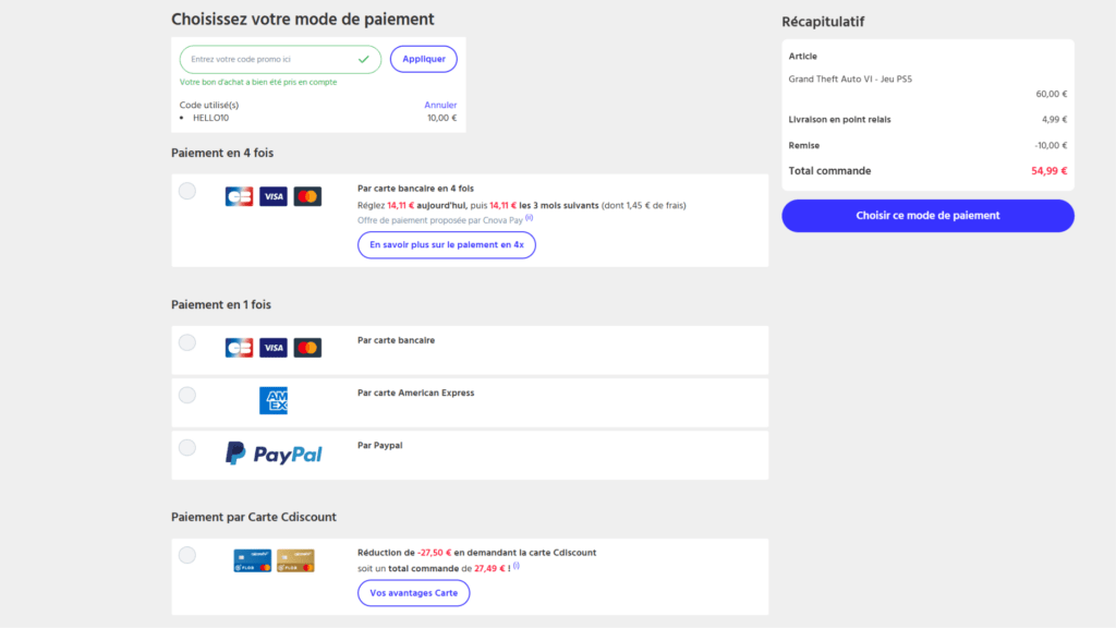 Le code HELLO10 est à rentrer dans le panier // Source : Capture Numerama