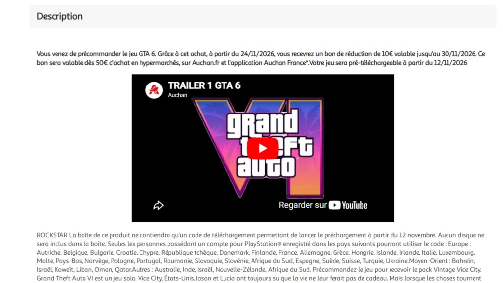 Auchan offre 10 € pour l'achat de GTA 6 Auchan offre 10 € pour l'achat de GTA 6