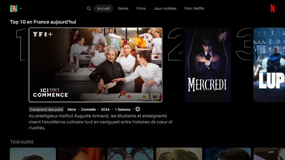 Les programmes TF1 int&egrave;greront le classement Netflix avec une mention TF1+.