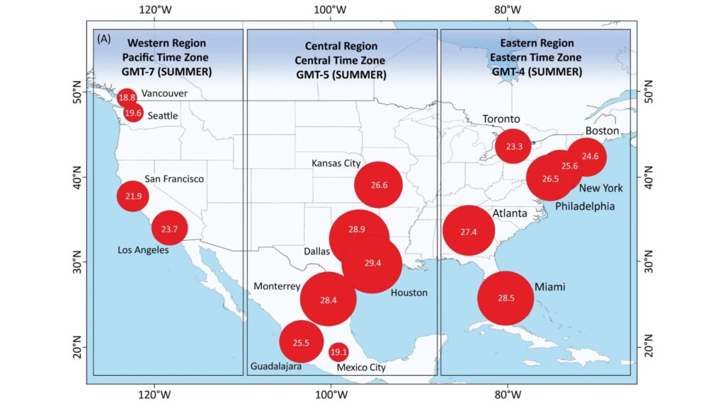 Les 16 villes h&ocirc;tes et leur indice de chaleur (WBGT) moyen l'apr&egrave;s-midi, entre 12h et 17h, en juin et juillet (calcul&eacute; sur la p&eacute;riode 2003-2022). // Source : International Journal of Biometeorology