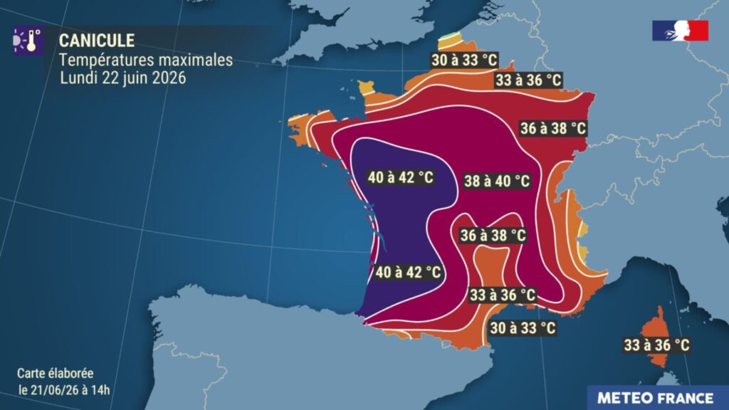 Pr&eacute;visions pour la journ&eacute;e du 22 juin 2026. // Source : M&eacute;t&eacute;o-France