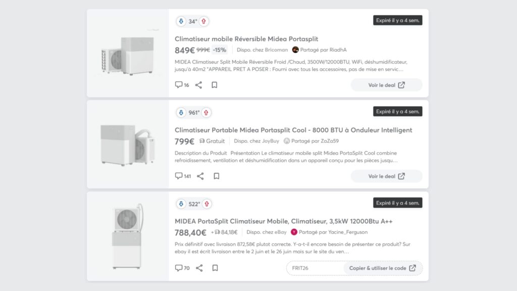 Le Midea PortaSplit, qui s’arrache maintenant au-dessus de la barre des 1 000 €, était encore vendu autour de 800 € le mois dernier.