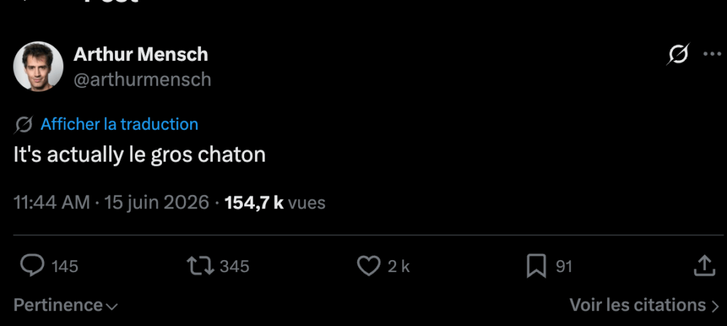 Arthus Mensch, le patron de Mistral AI, a repris Le Gros Chaton dans un tweet.