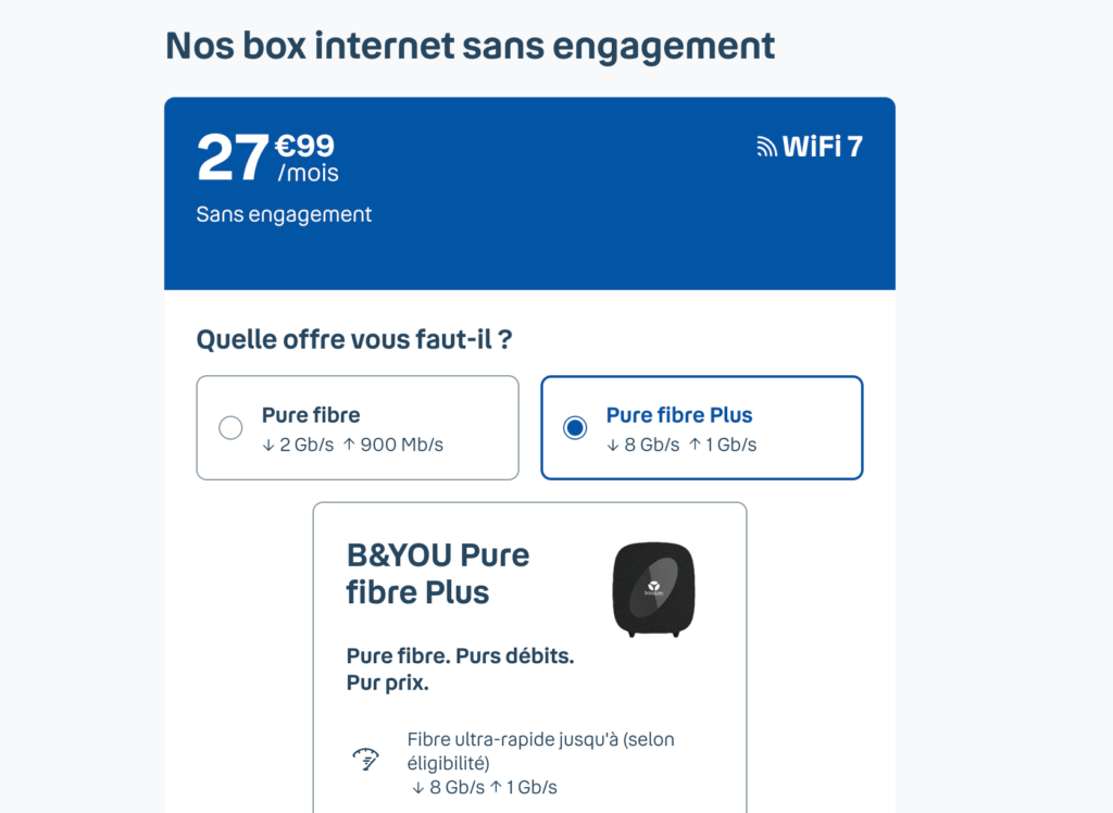 Le nouveau prix de l'offre B&You Pure Fibre. Le nouveau prix de l'offre B&You Pure Fibre.