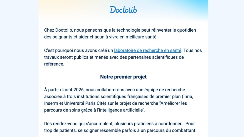 Doctolib a envoyé à mail à ses utilisateurs le 8 juillet 2026. // Source : Capture d'écran Numerama Doctolib a envoyé à mail à ses utilisateurs le 8 juillet 2026. // Source : Capture d'écran Numerama