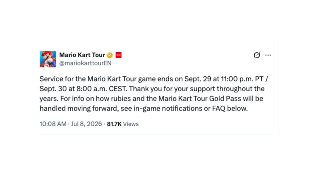 C'est la fin de Mario Kart Tour. // Source : Capture d'écran Numerama / @mariokarttourEN C'est la fin de Mario Kart Tour. // Source : Capture d'écran Numerama / @mariokarttourEN
