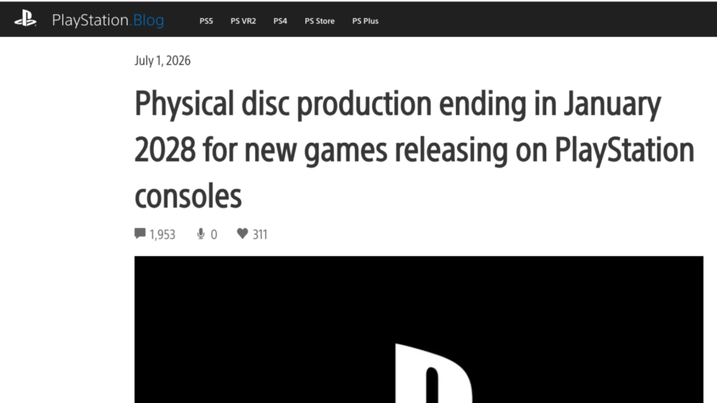 Sony a annoncé la fin de la production de disques physiques dès janvier 2028. // Source : Capture d'écran Numerama Sony a annoncé la fin de la production de disques physiques dès janvier 2028. // Source : Capture d'écran Numerama