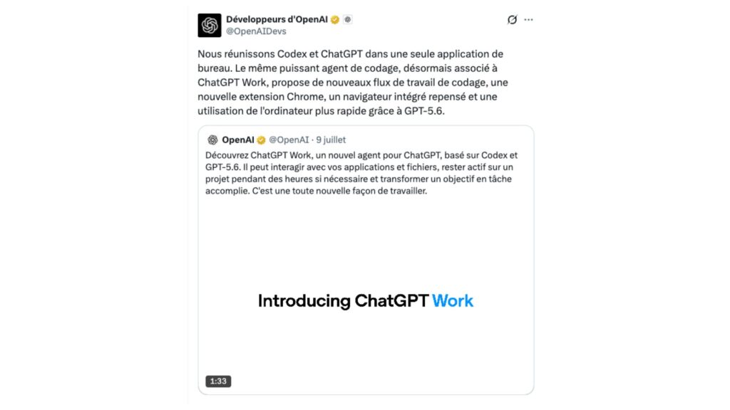 Codex et ChatGPT ont été réunis dans une seule application de bureau // Source : OpenAIDevs sur X Codex et ChatGPT ont été réunis dans une seule application de bureau // Source : OpenAIDevs sur X