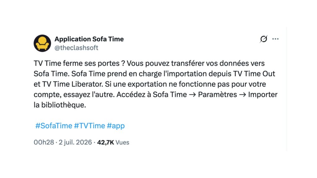 Après l'annonce, Sofa Time a publié un message sur X // Source : Capture d'écran Numerama Après l'annonce, Sofa Time a publié un message sur X // Source : Capture d'écran Numerama