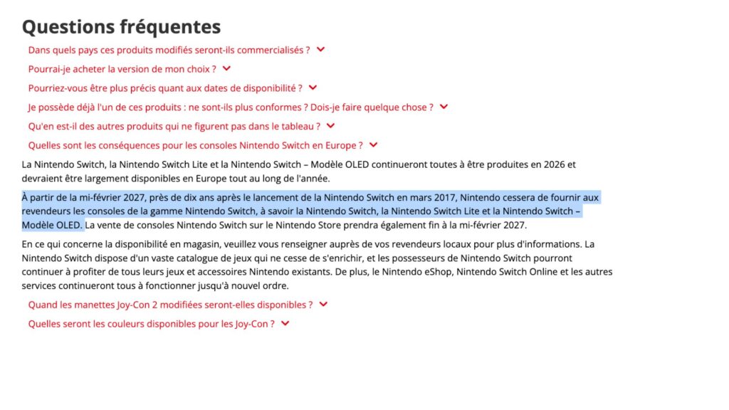 Nintendo l'a annoncé dans une FAQ. // Source : Capture d'écran Numerama Nintendo l'a annoncé dans une FAQ. // Source : Capture d'écran Numerama