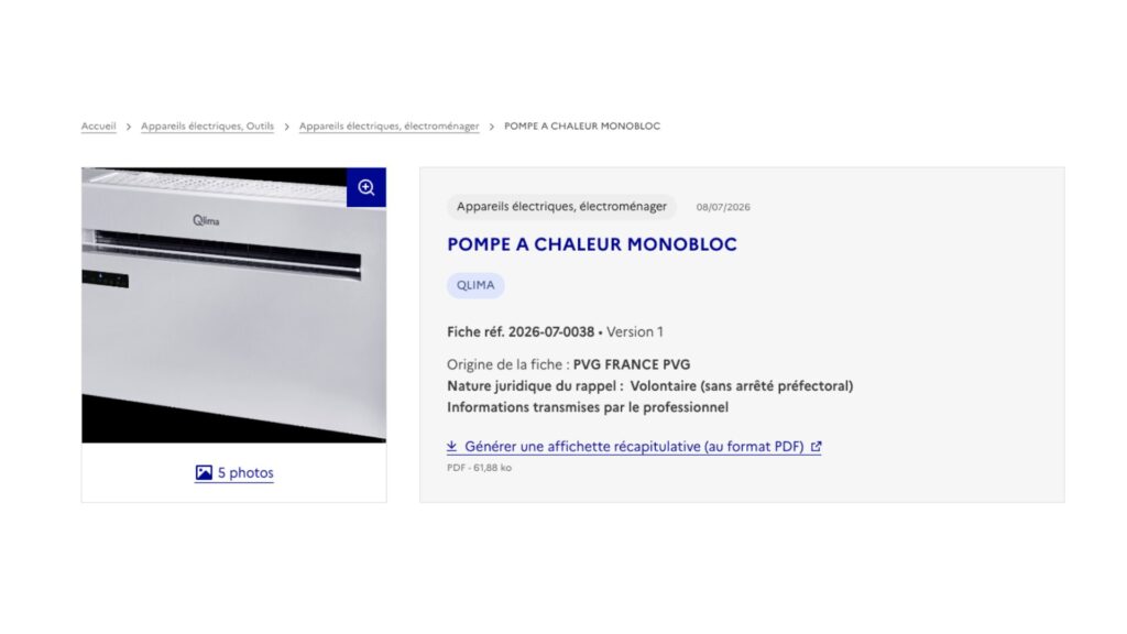 Des pompes à chaleur monobloc de Qlima font l'objet d'un rappel. // Source : RappelConso Des pompes à chaleur monobloc de Qlima font l'objet d'un rappel. // Source : RappelConso