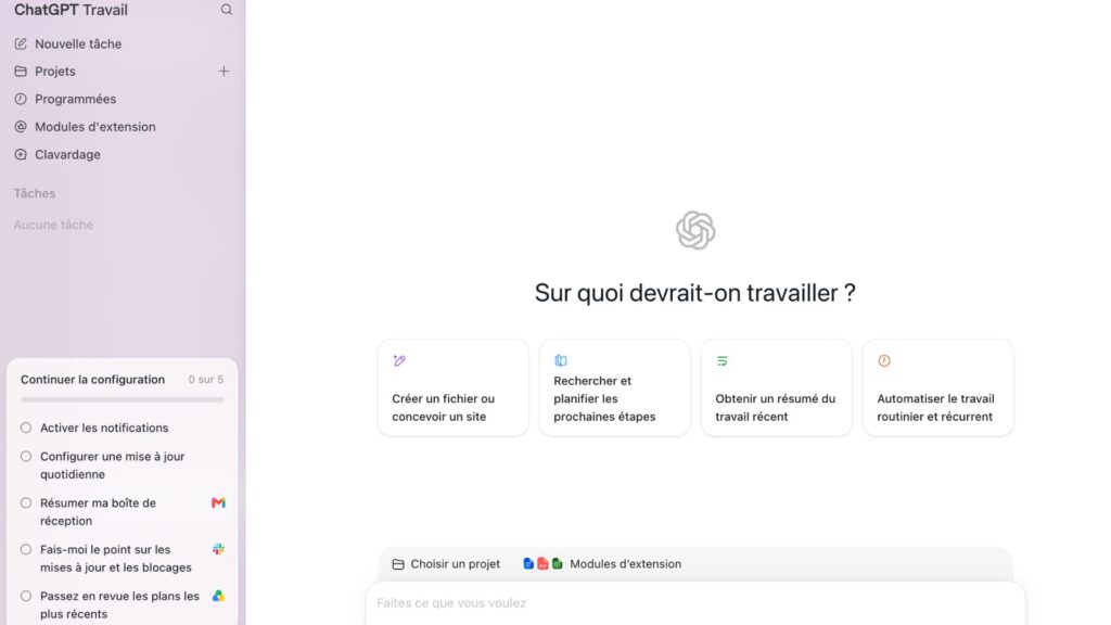 À l’ouverture, l’utilisateur peut notamment se retrouver directement dans ChatGPT Work. // Source : Capture d'écran Numerama À l’ouverture, l’utilisateur peut notamment se retrouver directement dans ChatGPT Work. // Source : Capture d'écran Numerama