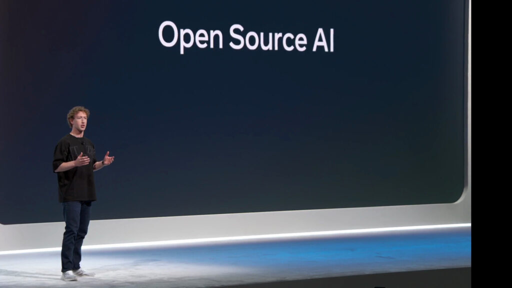 Mark Zuckerberg présentant Llama 3 comme une IA open source // Source : Meta Mark Zuckerberg présentant Llama 3 comme une IA open source // Source : Meta