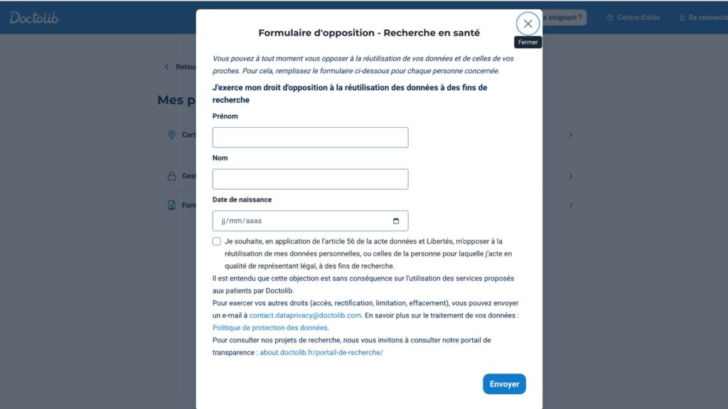 Le formulaire de Doctolib. // Source : Doctolib / Capture d'écran Numerama Le formulaire de Doctolib. // Source : Doctolib / Capture d'écran Numerama