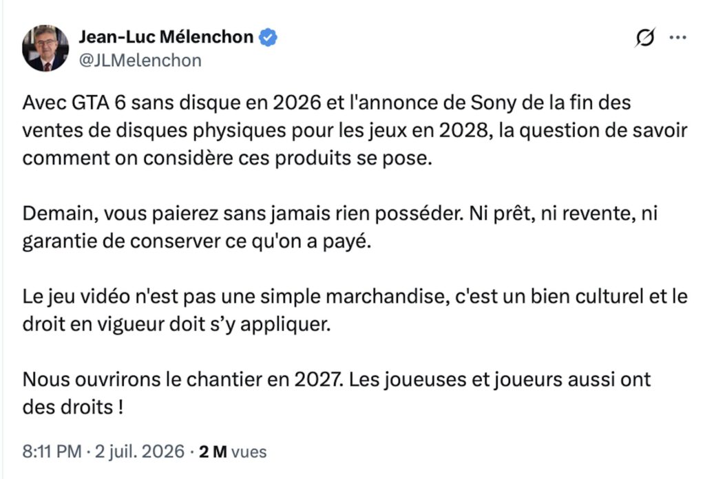 Message de Jean-Luc Mélenchon sur Sony // Source : Compte X de Jean-Luc Mélenchon Message de Jean-Luc Mélenchon sur Sony // Source : Compte X de Jean-Luc Mélenchon