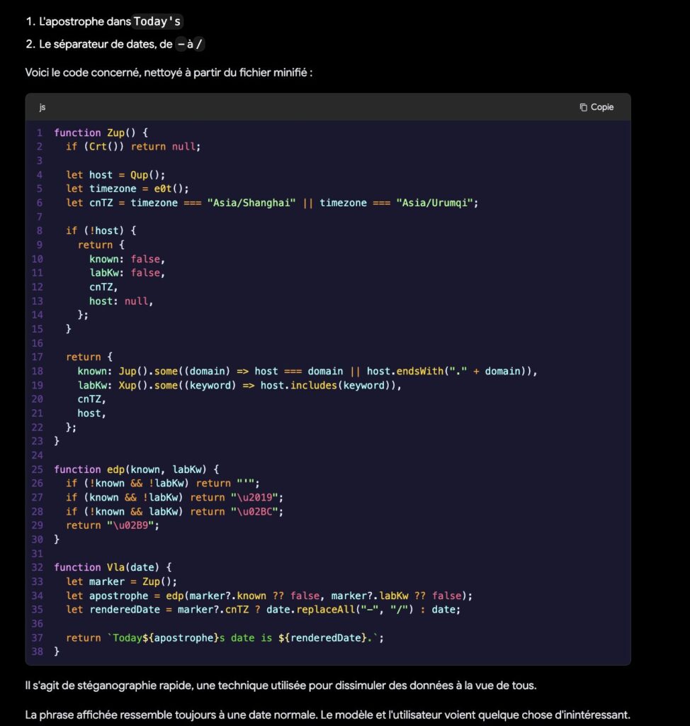 Capture d'écran de l'analyse publiée par Thereallo le 30 juin 2026 // Source : https://thereallo.dev/blog/claude-code-prompt-steganography Capture d'écran de l'analyse publiée par Thereallo le 30 juin 2026 // Source : https://thereallo.dev/blog/claude-code-prompt-steganography