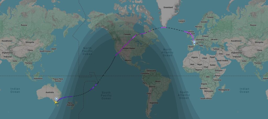 Capture d'écran du trajet Melbourne-Toulouse // Source : FlightRadar24