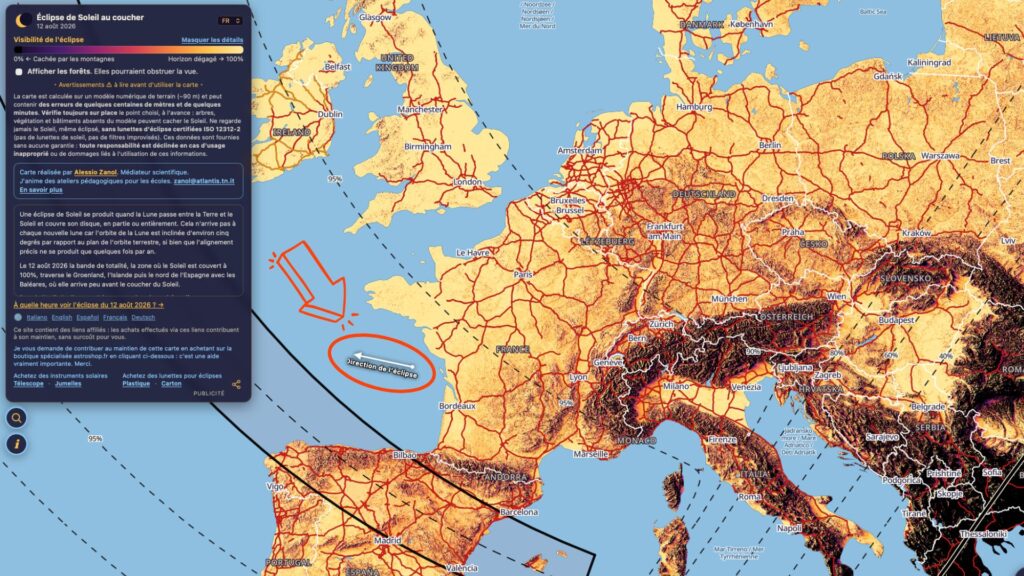 Le petit truc en plus : le curseur vous indique la direction de l'éclipse ! // Source : Capture d'écran eclipsemap/xyz ; annotations Numerama
