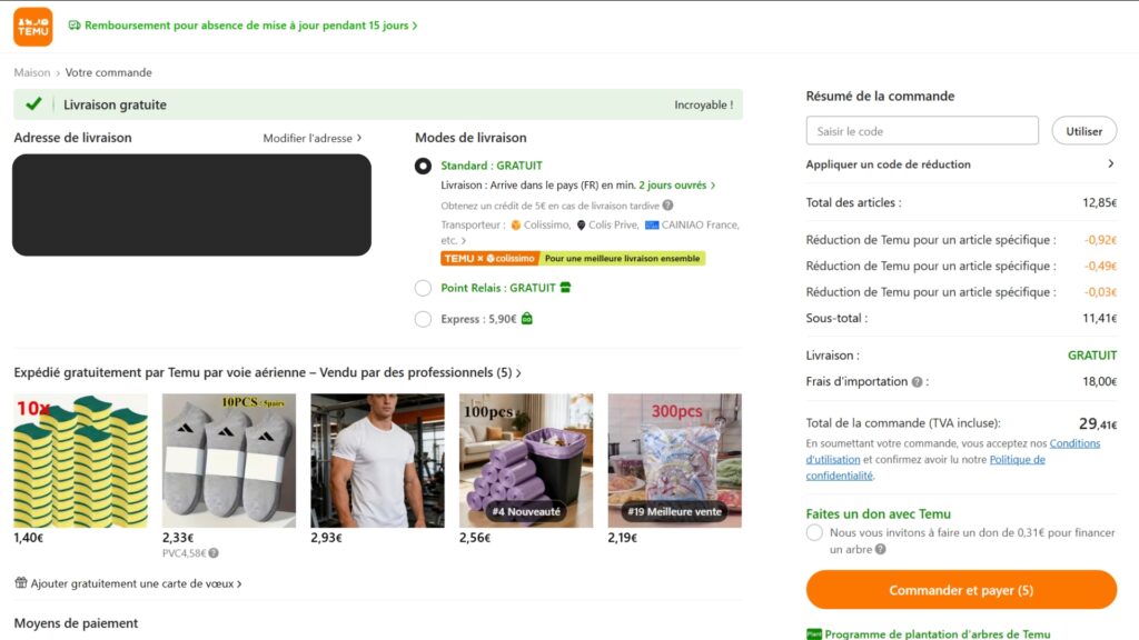 Pour une commande de 12,95 avec 5 produits différents, Temu applique directement 18 € de frais Pour une commande de 12,95 avec 5 produits différents, Temu applique directement 18 € de frais