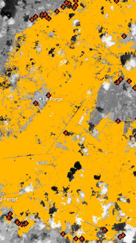 Incendies en Gironde. // Source : European Union, Copernicus Emergency Management Service data (image recadrée) Incendies en Gironde. // Source : European Union, Copernicus Emergency Management Service data (image recadrée)