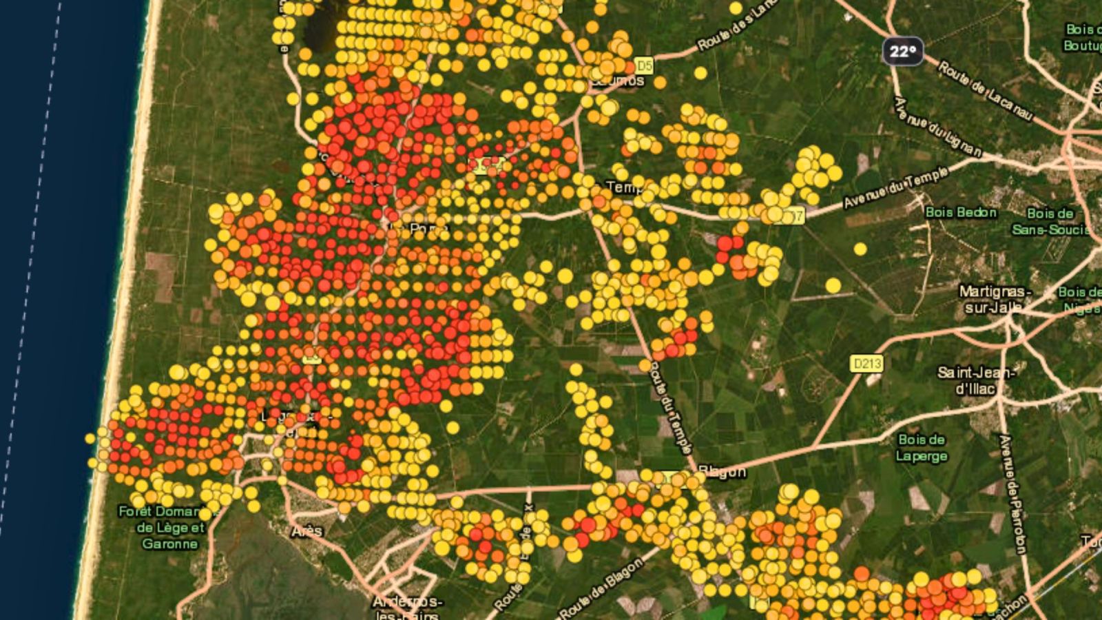 RecordPy propose une carte mise à jour toutes les 10 minutes pour suivre les incendies en Gironde