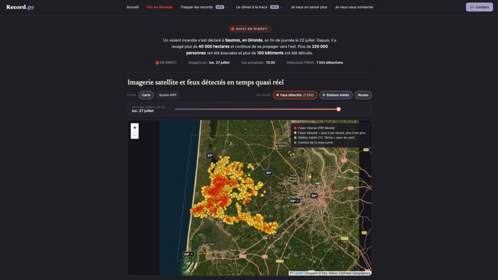 La page dédiée aux incendies en Gironde sur RecordPy. // Source : Capture d'écran RecordPy le 27 juillet à 12h15