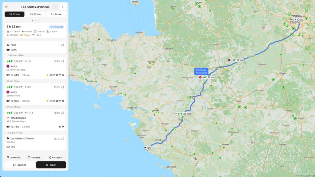 Simulation du trajet Paris-Sables-d'Olonne. // Source : ABRP Simulation du trajet Paris-Sables-d'Olonne. // Source : ABRP