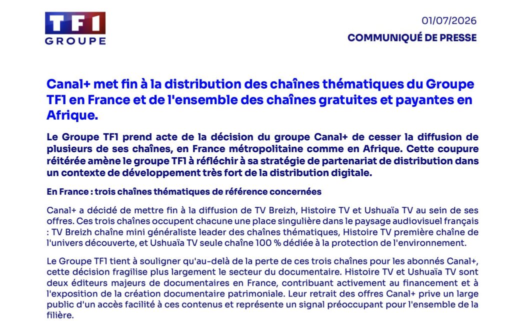 Le communiqué de TF1. Le communiqué de TF1.