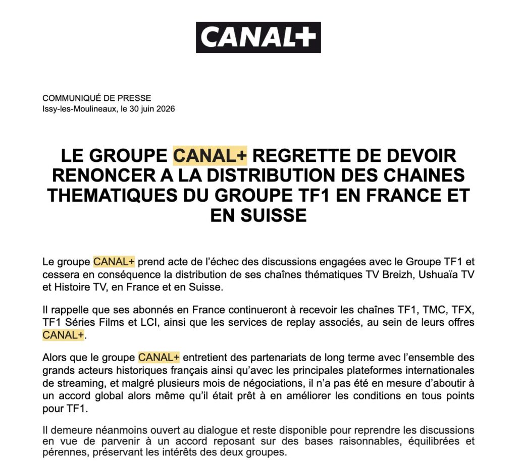 Le communiqué de Canal+. Le communiqué de Canal+.