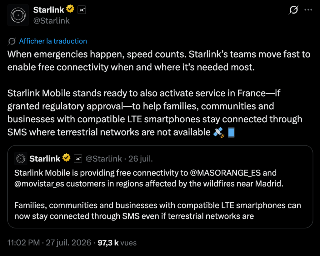 Le tweet de Starlink.