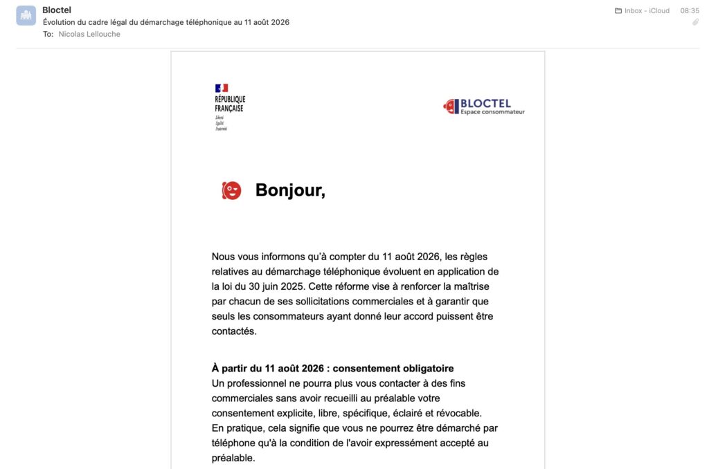Le mail envoyé par Bloctel. Le mail envoyé par Bloctel.