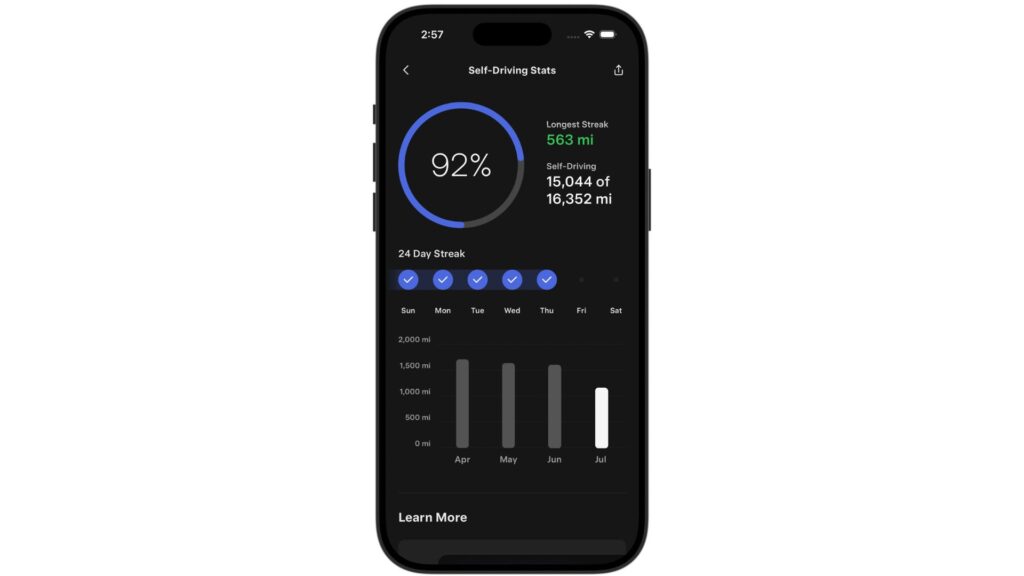 Les stats FSD sont disponibles dans l'application Tesla. // Source : Tesla Les stats FSD sont disponibles dans l'application Tesla. // Source : Tesla