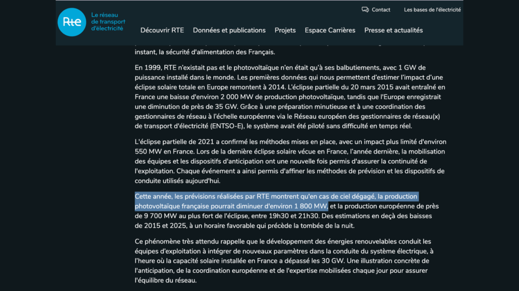 En France, RTE anticipe une baisse d’environ 1 800 mégawatts (MW), soit 1,8 GW, au plus fort de l’éclipse. // Source : RTE En France, RTE anticipe une baisse d’environ 1 800 mégawatts (MW), soit 1,8 GW, au plus fort de l’éclipse. // Source : RTE