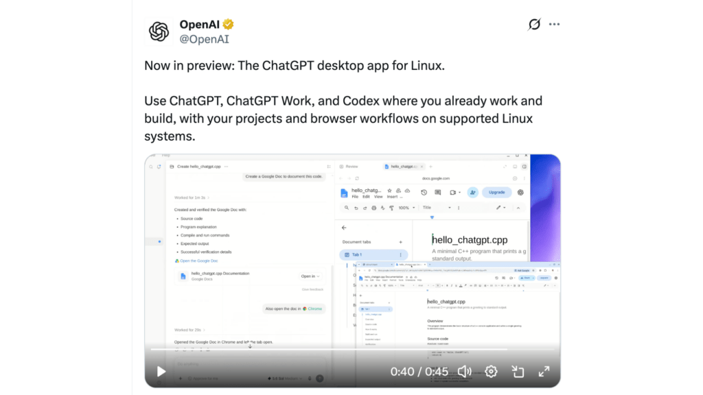 OpenAI a lancé une version preview de l’application de bureau ChatGPT pour Linux. // Source : Capture d'écran Numerama