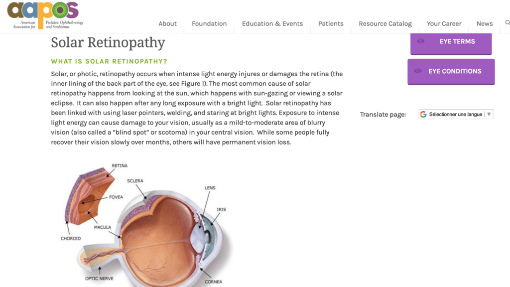 La rétinopathie solaire // Source : American Association for Pediatric Ophtalmology and Strabismus La rétinopathie solaire // Source : American Association for Pediatric Ophtalmology and Strabismus