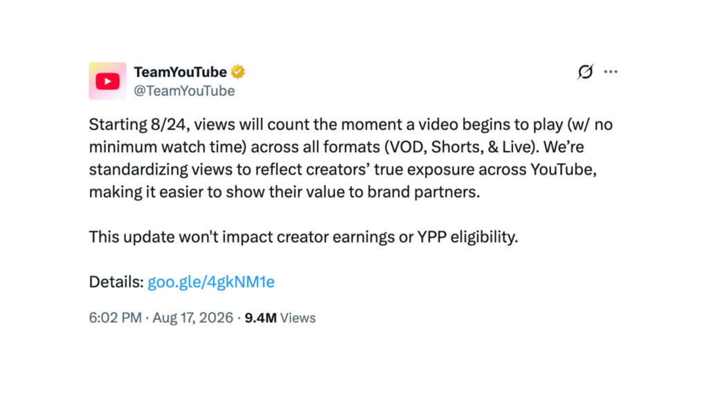 YouTube change ses règles pour le comptage de vues. // Source : YouTube YouTube change ses règles pour le comptage de vues. // Source : YouTube