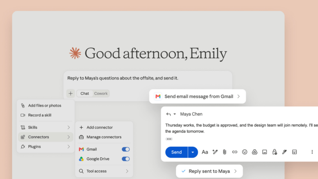 Claude peut désormais envoyer, répondre à et transférer des e-mails directement depuis Gmail, // Source : Anthropic Claude peut désormais envoyer, répondre à et transférer des e-mails directement depuis Gmail, // Source : Anthropic