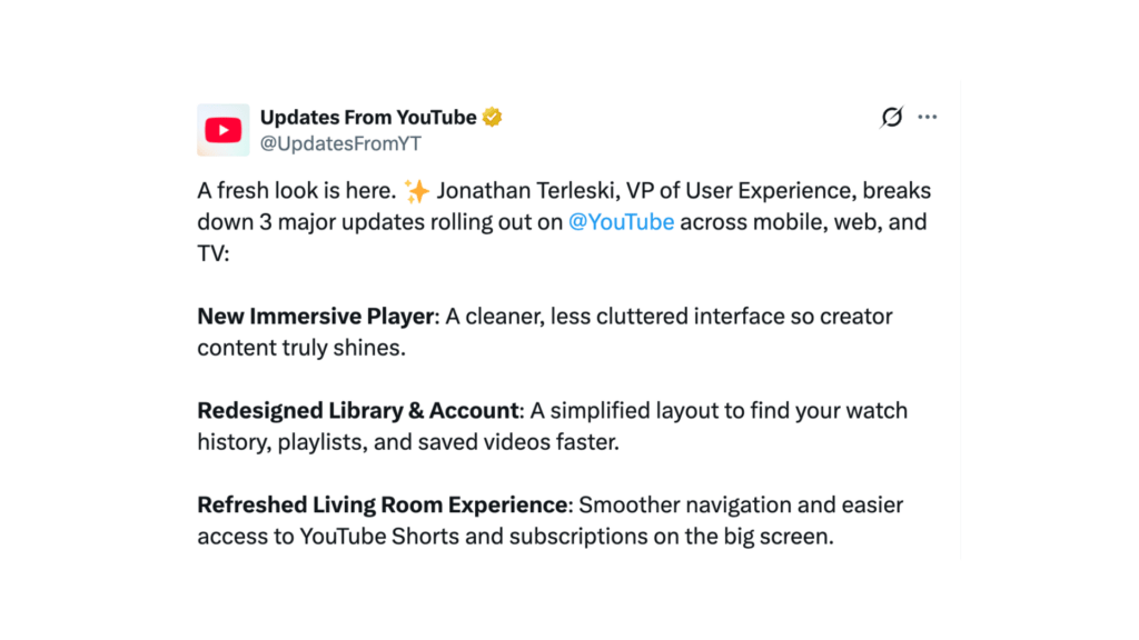 YouTube a présenté plusieurs petites nouveautés. // Source : @UpdatesFromYT YouTube a présenté plusieurs petites nouveautés. // Source : @UpdatesFromYT