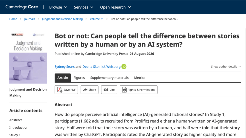 L'étude « Bot ou non : les gens peuvent-ils faire la différence entre des histoires écrites par un humain et celles écrites par un système d’IA ? » // Source : Cambridge University Press L'étude « Bot ou non : les gens peuvent-ils faire la différence entre des histoires écrites par un humain et celles écrites par un système d’IA ? » // Source : Cambridge University Press