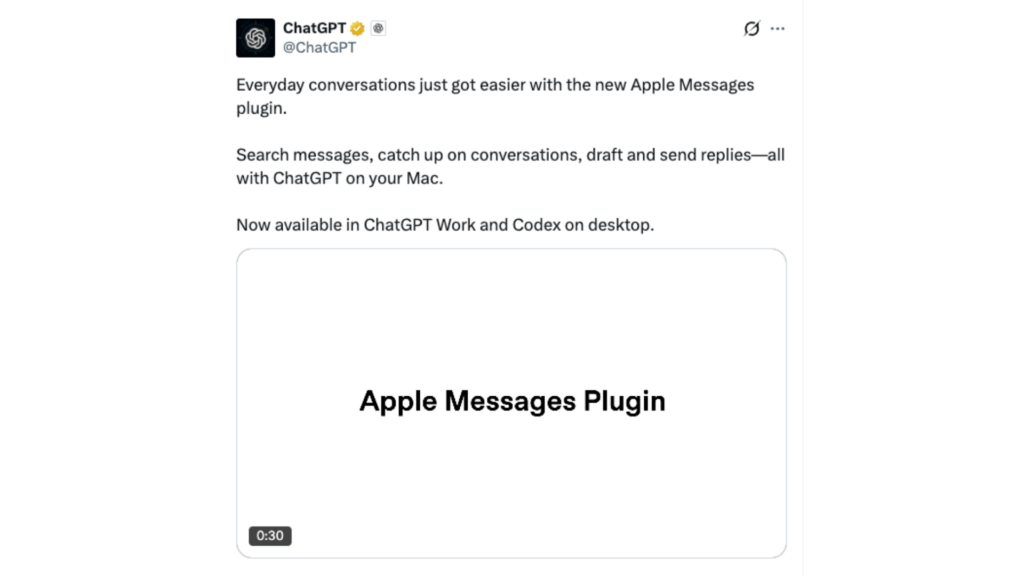 OpenAI a annoncé un plug-in pour les Messages sur Mac // Source : @ChatGPT OpenAI a annoncé un plug-in pour les Messages sur Mac // Source : @ChatGPT