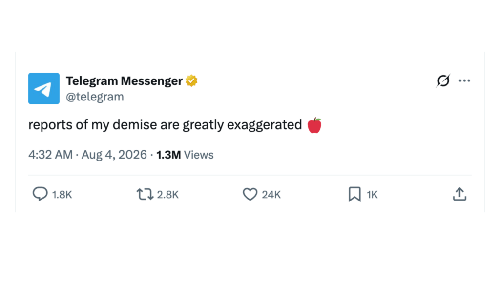 Telegram a d’abord réagi avec humour sur X // Source : Capture d'écran Numerama Telegram a d’abord réagi avec humour sur X // Source : Capture d'écran Numerama